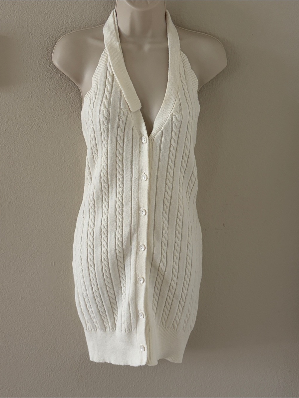 Beach Bunny Cream Cable-Knit Halter Button-Front Dress